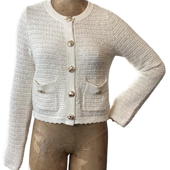 Jessica Simpson Cream & Gold Cropped Lady Cardigan Sz M #325C - Picture 2 of 10